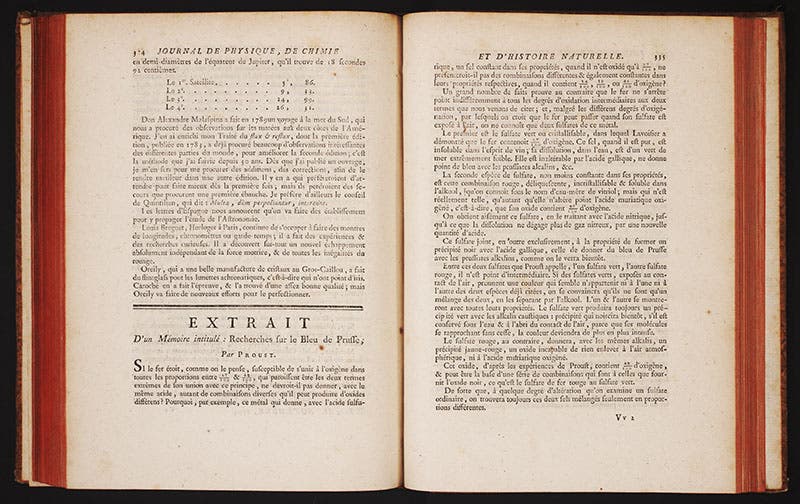 Openins pages of Proust’s paper on Prussian blue, Journal de Physique, 1794 (Linda Hall Library)