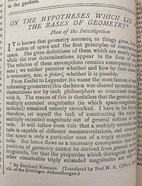 First paragraph, “On the hypotheses which lie at the bases of geometry,” by Bernard Riemann, trans. by William Kingdon Clifford, Nature, May 1, 1873, vol. 8, p. 14 (Linda Hall LIbrary)