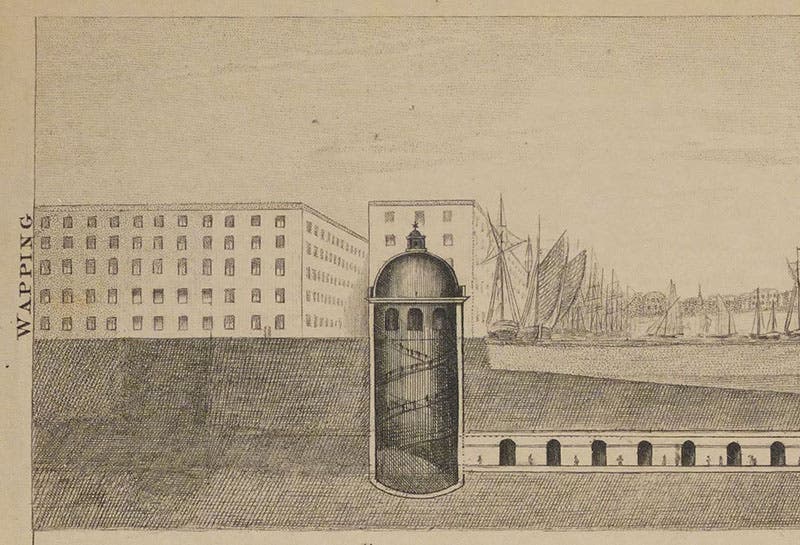Detail of the long folding cross section engraving from the 1856 ed., showing how the location of the Wapping carriage caisson has been burnished out of the copper plate, An Explanation of the Works of the Thames Tunnel now completed from Rotherhithe to Wapping, 18th ed., by the Thames Tunnel Co., 1856 (Linda Hall Library)