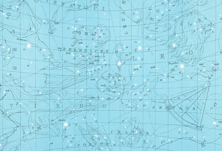 A detail of the third of the six star charts, showing the constellations Virgo, Leo, and Sextans, hand-colored lithograph, Atlas of Astronomy, by Alexander Keith Johnston, plate 15, 1855 (Linda Hall Library)