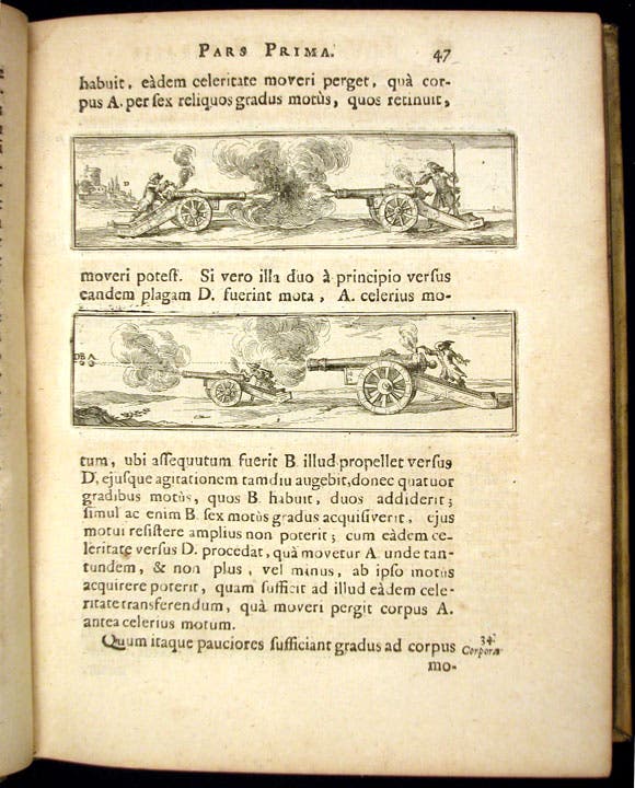 Cannon fusillade, demonstrating Descartes’ rules of impact, two text engravings in Wolferd Senguerd, Philosophia naturalis, 1685 (Linda Hall Library)