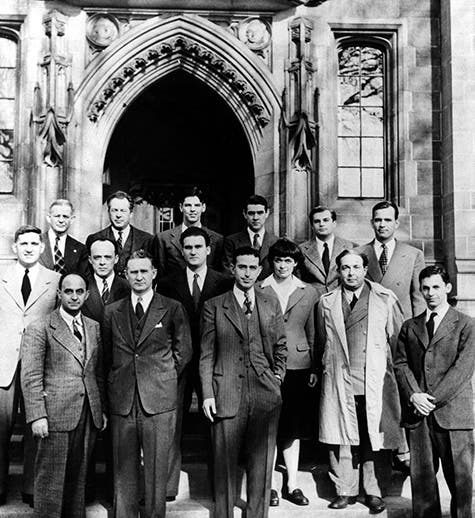 The participants in building Chicago Pile-1 at the University of Chicago, photographed in 1946.  Woods is the only woman present; Enrico Fermi is at front left (atomicheritage.org)