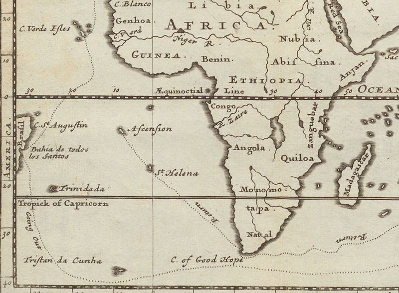 Detail of world map (eighth image), showing the route out and back of the Roebuck, 1699-1701; note the route back ends just off Ascension Island in the South Atlantic (Linda Hall Library)