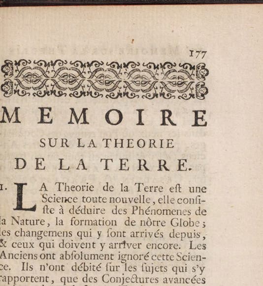 Opening paragraph of Mémoire sur la théorie de la terre, by Louis Bourguet, in Lettres philosophiques, p. 177, 1729 (Linda Hall Library)