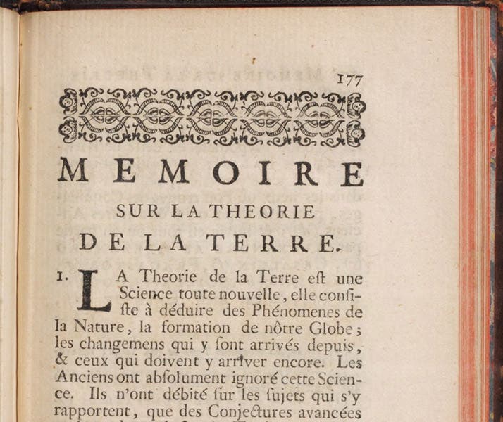 Opening paragraph of Mémoire sur la théorie de la terre, by Louis Bourguet, in Lettres philosophiques, p. 177, 1729 (Linda Hall Library)