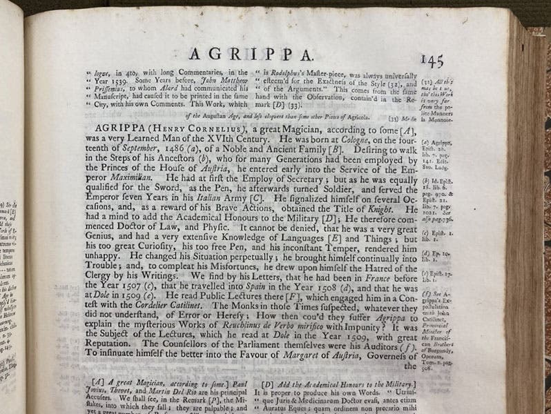 Detail of first page of entry on “Heinrich Agrippa,” Pierre Bayle, Dictionary Historical and Critical, 2nd ed., vol. 1, 1734 (Linda Hall Library)