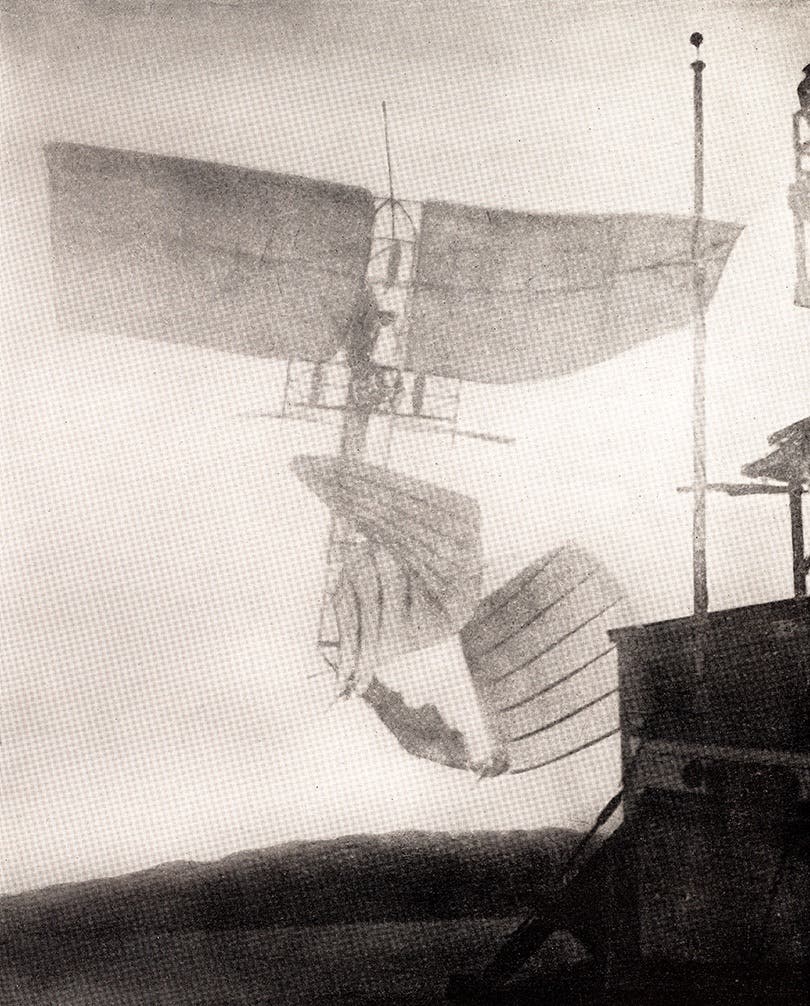 A Washington Times reporter snapped the only photograph of Samuel Langley’s Aerodrome A in flight on December 8, 1903. Langley’s men on the houseboat reported that the airplane had somehow been damaged by the catapult during launch. 