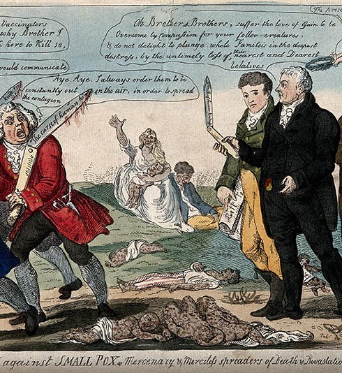 Untitled caricature by Isaac Cruikshank, hand-colored etching, 1808, lampooning three anti-vaccination surgeons and praising “Edward Jenner and two colleagues,” traditionally considered to be Thomas Dimsdale and George Rose, although none of these are identified in the caricature itself; Wellcome Collection (wellcomecollecton.org)