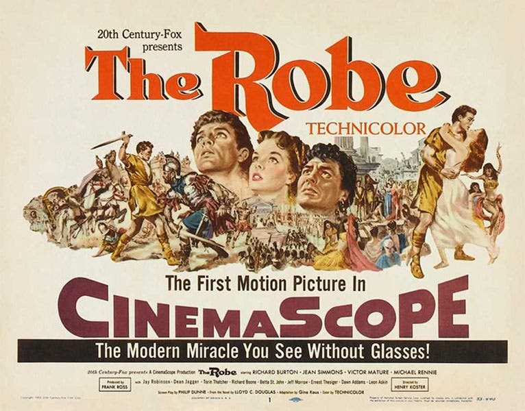 Original movie poster for The Robe, highlighting the fact that it uses the CinemaScope process, 1953 (empireonline.com)