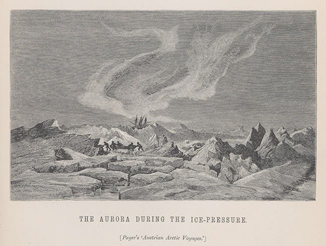 “The Aurora during the Ice Pressure”, wood engraving, from John Rand Capron, Aurorae and their Spectra, 1879 (Linda Hall Library)