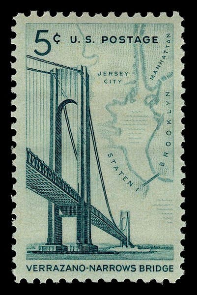 U.S. Postage Stamp, commemorating the Verrazzano-Narrows Bridge, issued to coincide with the bridge opening, Nov. 21, 1964; note that “Verrazzano” was misspelled, as always was until 2018; National Postal Museum (postalmuseum.si.edu).