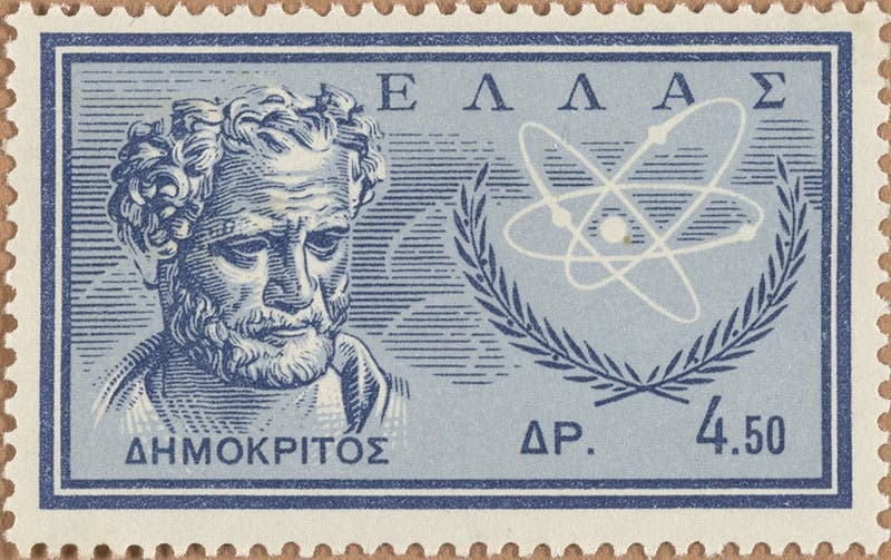 Portrait of Democritus, based on an ancient Greek bronze bust, postage stamp, ca 1961 (sciencehistory.org)