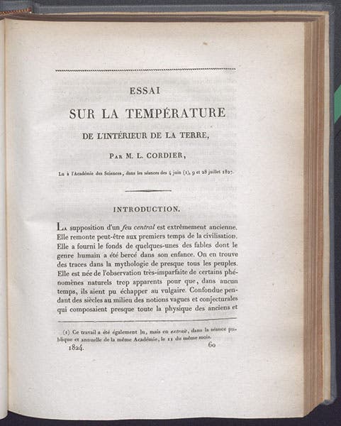 First page of Louis Cordier’s paper on the temperature of the Earth’s interior, Memoires of the French Academy of Sciences, vol. 7, 1827 (Linda Hall Library).