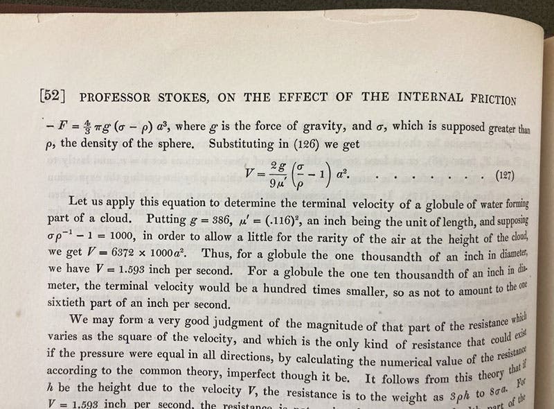 Detail of page showing Stokes law for viscous drag, in a paper by George Gabriel Stokes, Transactions of the Cambridge Philosophical Society, vol. 9, 1851 (Linda Hall Library)