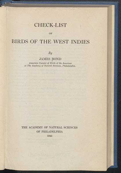 Title page, Check-list of Birds of the West Indies, by James Bond, 1945 (Linda Hall Library)