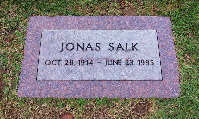 Tombstone of Jonas Salk, El Camino Memorial Park, San Diego (findagrave.com)