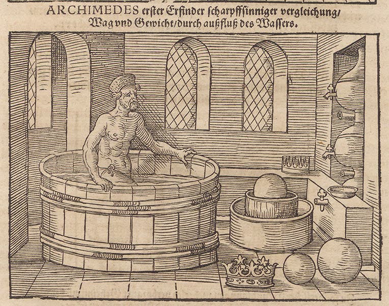 Archimedes assessing the purity of King Hiero’s crown, woodcut, Bawkunst, oder, Architectur, by Walther Hermann Ryff, 3rd ed., p. 392, 1582 (The Linda Hall)