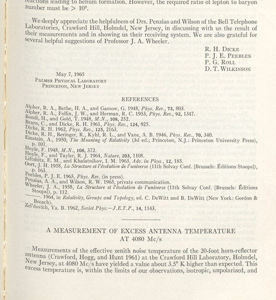 Last page of paper by Robert Dicke et al, predicting a residual cosmic black-body radiation with a temperature of 3.5° K, and the beginning of a paper by Arno Penzias and Robert Wilson, announcing the detection of a cosmic background radiation with a temperature of 3.5 kelvins, Astrophysical Journal, vol. 142, 1965 (Linda Hall Library)