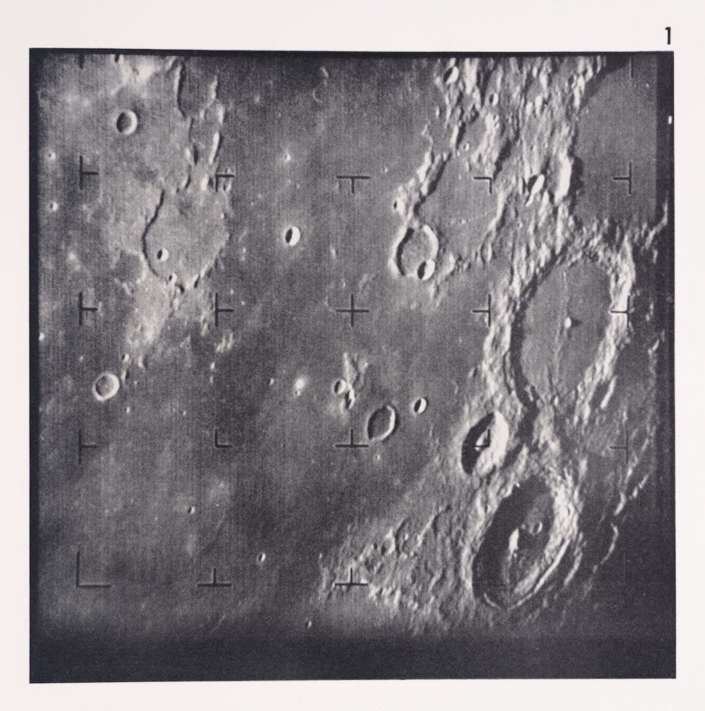 The first image of the Moon taken by a U.S. spacecraft. Ranger VII took this photograph about 17 minutes before impact at a range of approximately 1,500 miles. The trio of large craters on the right are, top to bottom: Ptolemaeus, Alphonsus, and Arzachel. To the left of the craters is Mare Nubium (the Sea of Clouds). Image source: Jet Propulsion Laboratory. Ranger VII Photographs of the Moon Part II: Camera “B” Series
