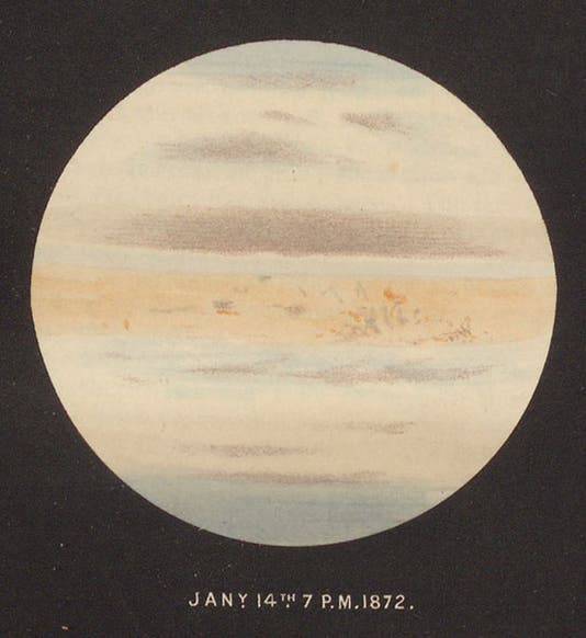 Jupiter, as seen on Jan. 14, 1872, drawn by John Browning, detail of lithographed plate in <i>Monthly Notices of the Royal Astronomical Society</i>, vol. 32, 1871-72 (Linda Hall Library)