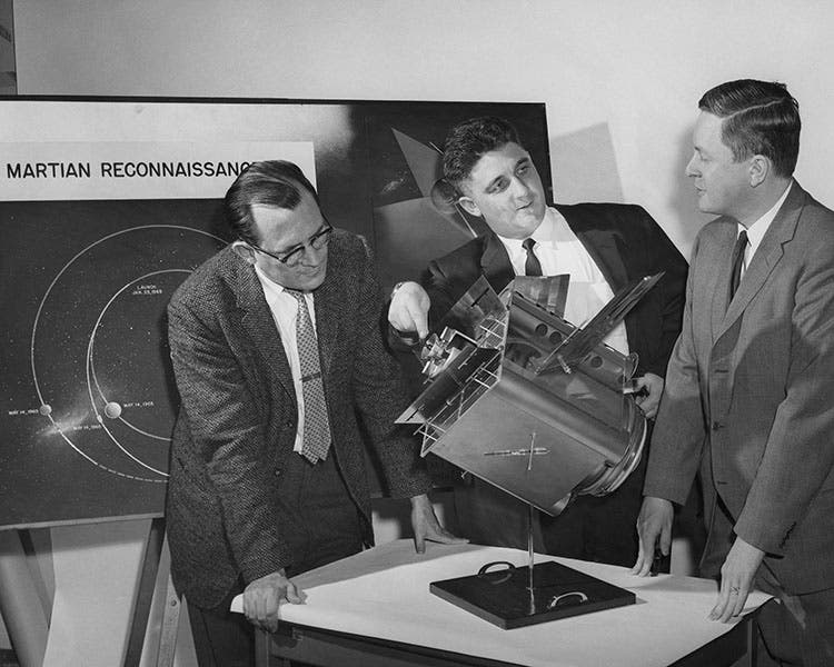 Hal Laning (left), Milt Trageser, and Dick Battin at MIT’s Instrumentation Lab, with their Mars probe of 1959 (wehackthemoon.com)