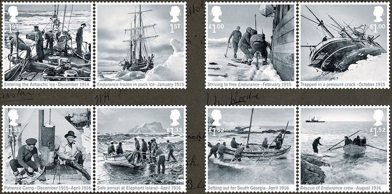 Royal Mail stamps honoring Shackleton and the voyage of the James Caird, issued in 2016 (Norvic Philatelics)