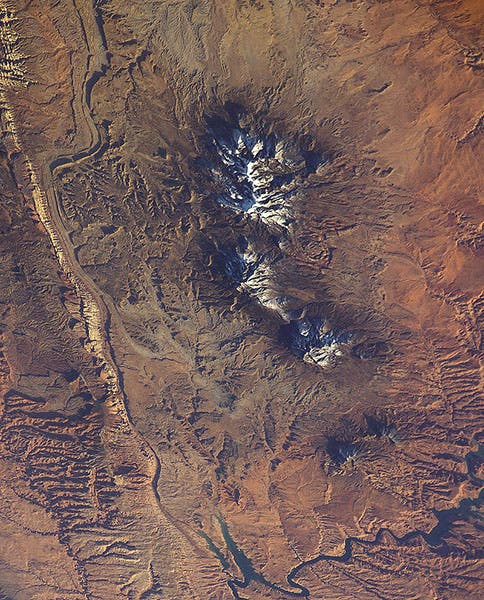 The Henry Mountains from space (NASA Johnson Space Center via Wikipedia)