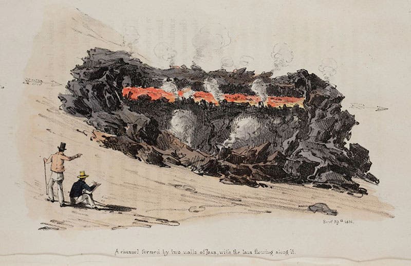 “A channel formed by two walls of lava, with the lava flowing along it, Sep. 29, 1831,”  hand-colored lithograph from a drawing by John Auldjo, in his Sketches of Vesuvius, 1832 (Linda Hall Library)