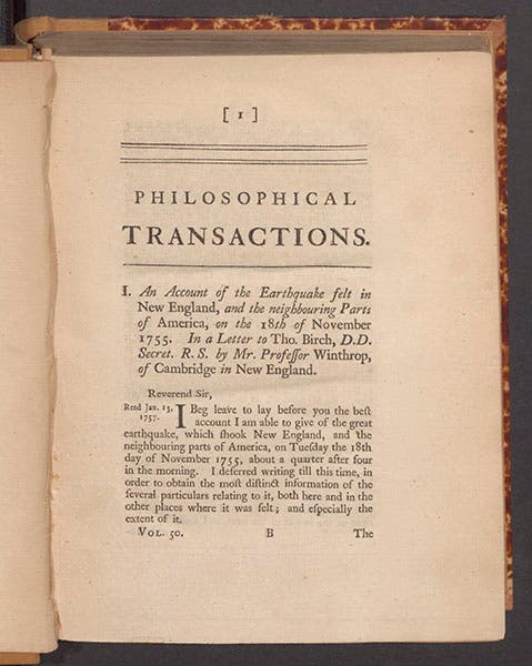 First page of John Winthrop’s article on an earthquake felt in New England, in the Philosophical Transactions of the Royal Society of London, 1757 (Linda Hall Library)