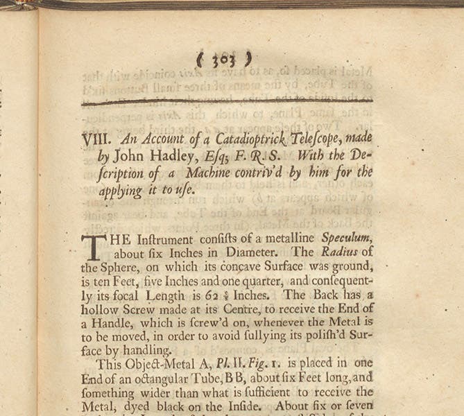 Detail of first page of article, “An account of a Catadioptrick telescope,” by John Hadley, Philosophical Transactions of the Royal Society of London, vol. 32, no. 376, 1723 (Linda Hall Library)