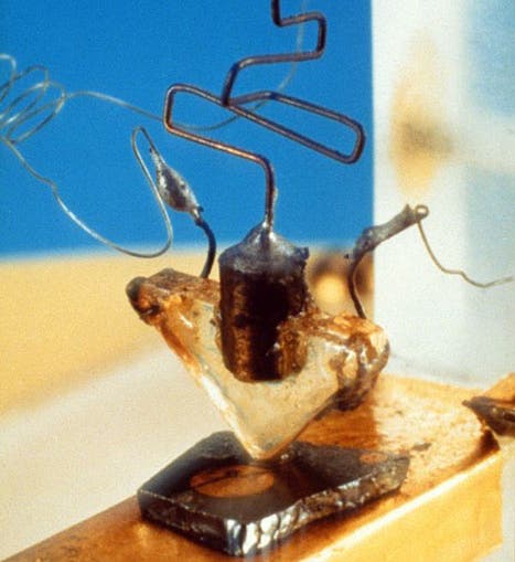 The first transistor, assembled by Walter Brattain and successfully tested for the first time on December 16, 1947 (Computer History Museum)