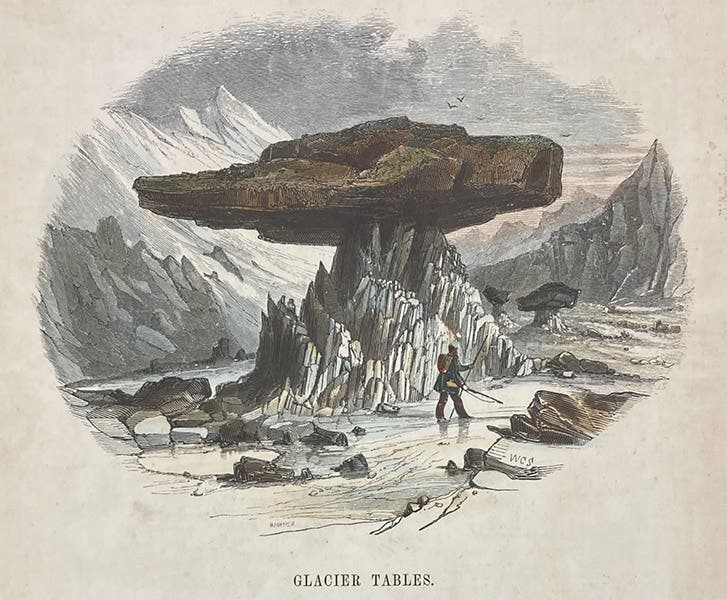 “Glacier Table,” hand-colored wood engraving by Josiah Wood Whymper, [Natural Phenomena], plate 22, 1846 (Linda Hall Library)