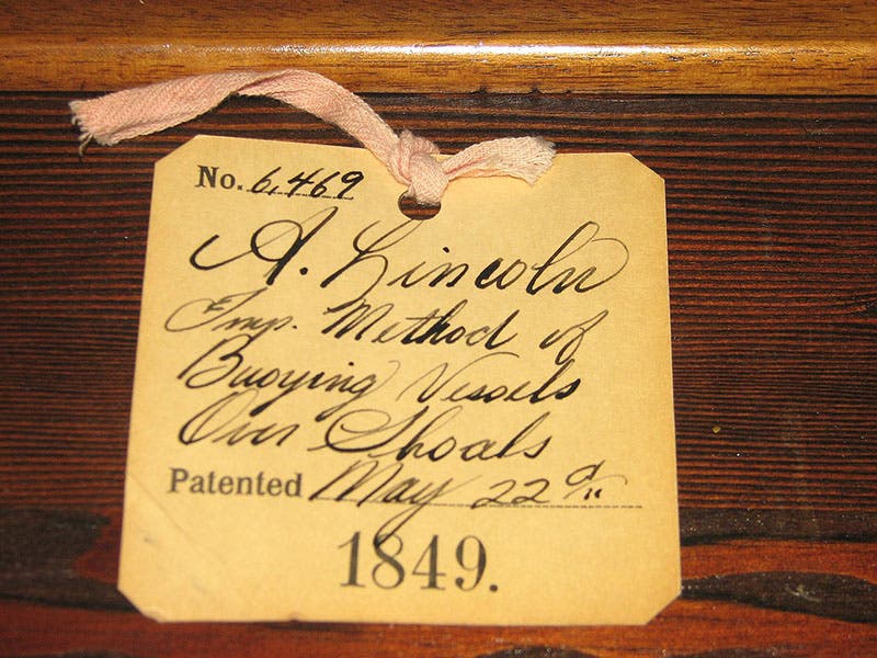 The original ID tag on Abraham Lincoln’s patent model no. 6,469, granted May. 22, 1849 (Wikimedia commons)