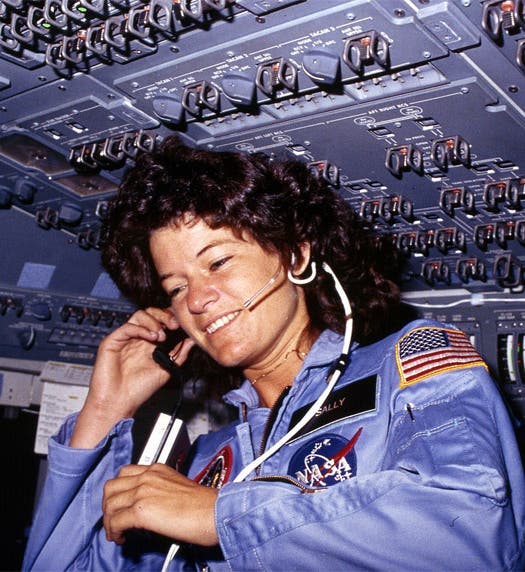 Astronaut Sally Ride aboard Challenger as part of STS-7, June 1983 (Wikimedia commons)