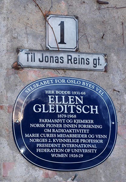 Blue plaque honoring Ellen Gleditsch, unveiled in 2019 at Jonas Reins gate 1, Oslo, where Gleditsch live for 37 years (http://ingar-historymatters.blogspot.com)