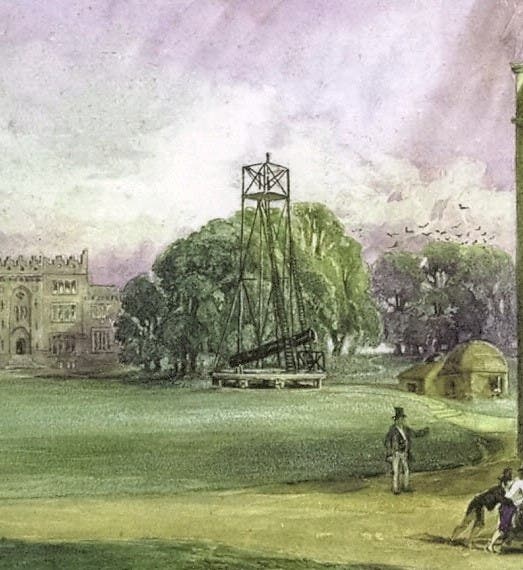 The 36-inch refracting telescope at Birr Castle, Ireland, used by Otto Boeddicker to observe Jupiter, 1881-86, detail of a watercolor by Henrietta Crompton, ca 1845  (Wikimedia commons)