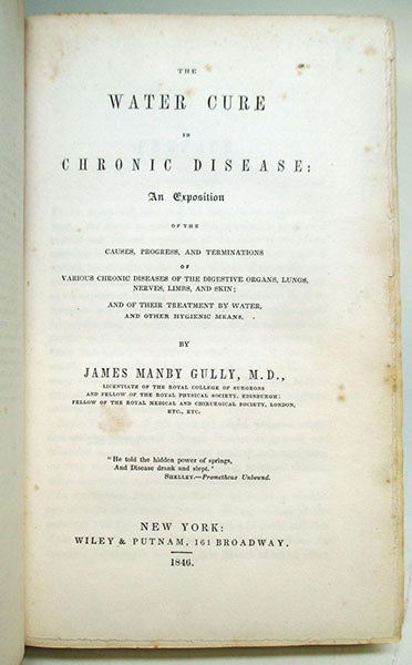 Title page, The Water Cure in Chronic Disease, by James Gully, 1846 New York edition, offered for sale by Argosy Books (abebooks.com)