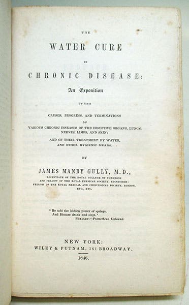 Title page, The Water Cure in Chronic Disease, by James Gully, 1846 New York edition, offered for sale by Argosy Books (abebooks.com)