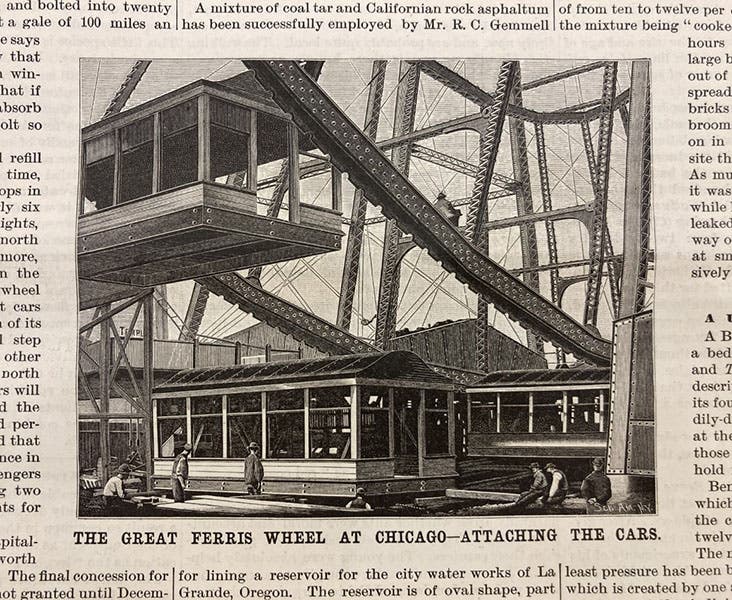 Gondolas waiting to be attached to the Ferris Wheel in Chicago, <i>Scientific American</i>, July 1, 1893 (Linda Hall Library)