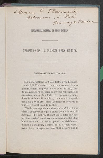 Inscrition to Camille Flammarion, first page, Luiz Cruls, Mémoire sur Mars, 1878 (Linda Hall Library)