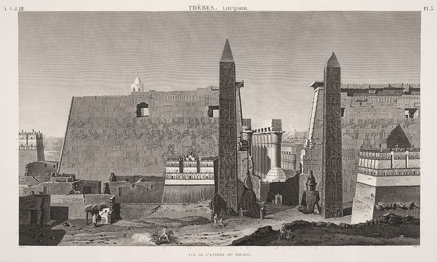 View of Luxor, with obelisks and colossal statues of Ramesses II, from Description de l’Égypte Antiquités v. 2