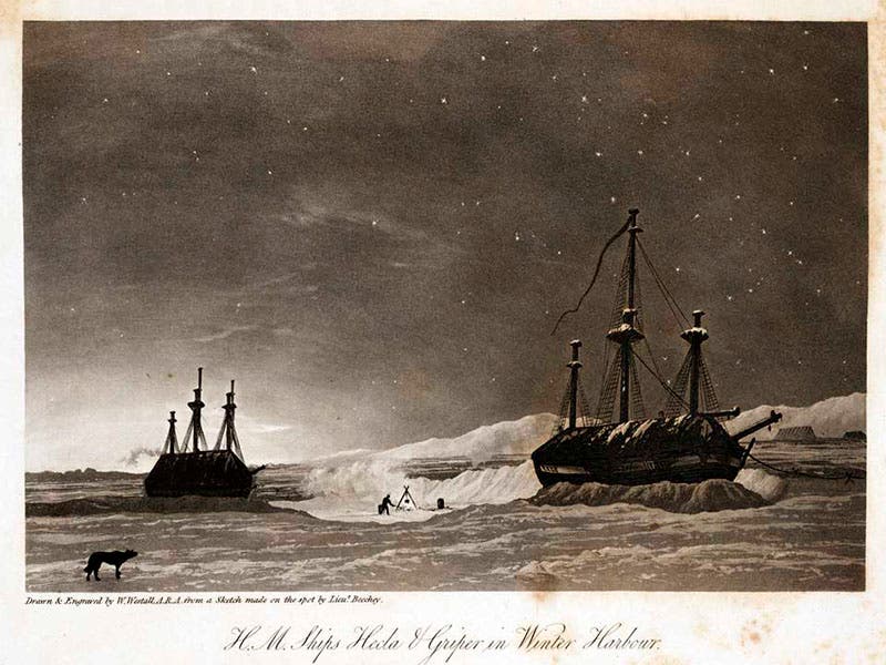 HMS Hecla and Griper, stripped of sails and top masts and tucked in for a long dark winter on Melville Island in the Arctic archipelago, engraving in Journal of a Voyage for the Discovery of a North-West Passage, by William Edward Parry, 1821 (Linda Hall Library)