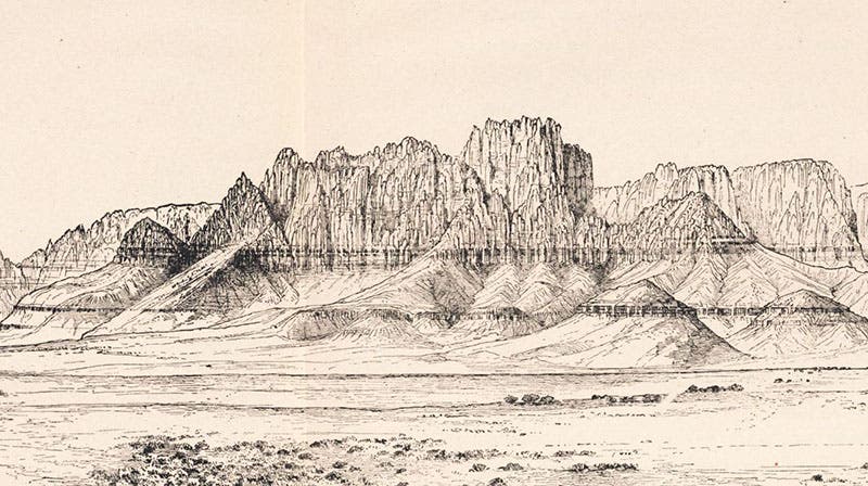 Detail of “Towers of Short Creek – Vermilion Cliffs” (sixth image), William Henry Holmes, Tertiary History of the Grand Cañon District, by Clarence E. Dutton (USGS Monograph, 2), p. 54, 1882, copy 2 (Linda Hall Library)