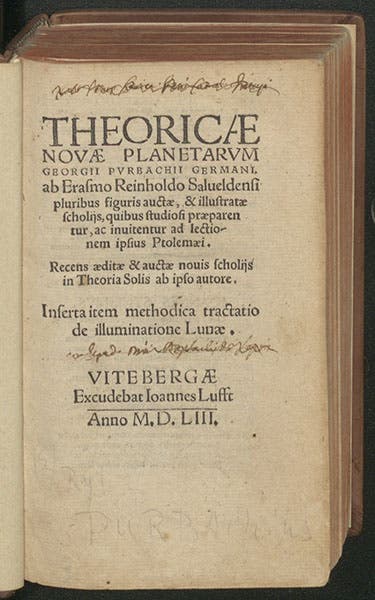 Titlepage, Erasmus Reinhold’s later edition of Georg Peurbach, Theoricae novae planetarum, 1553 (Linda Hall Library)