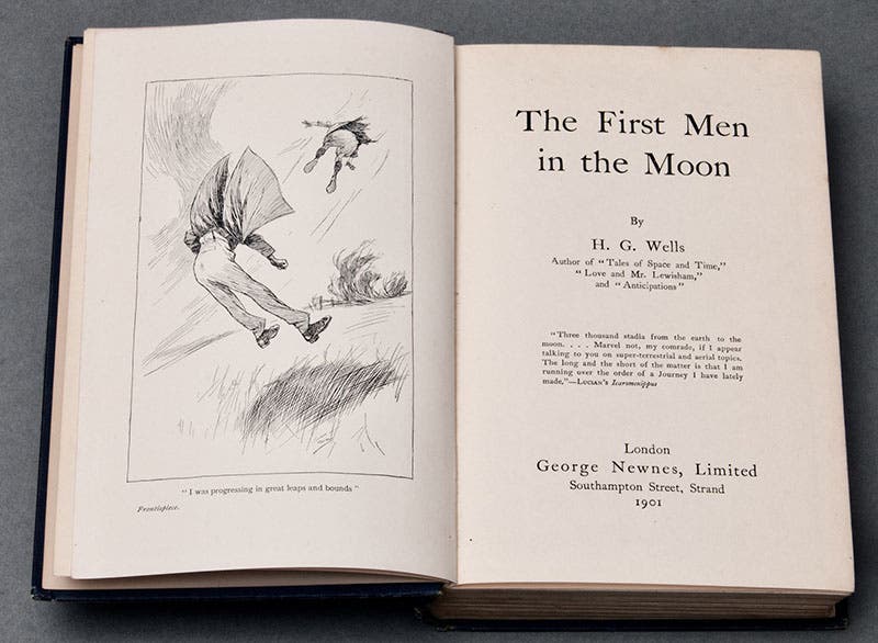 Frontispiece and title page, The First Men in the Moon, by H.G. Wells, first London edition, 1901, copy offered by sale by Fine Editions Ltd (biblio.com)
