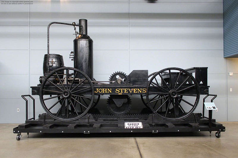 Replica of the John Stevens, as the 1825 locomotive was later named, on display in the Railroad Museum of Pennsylvania, near Strasburg. It was built by the Pennsylvania Railroad for the 1939 World’s Fair (rgusrail.com)