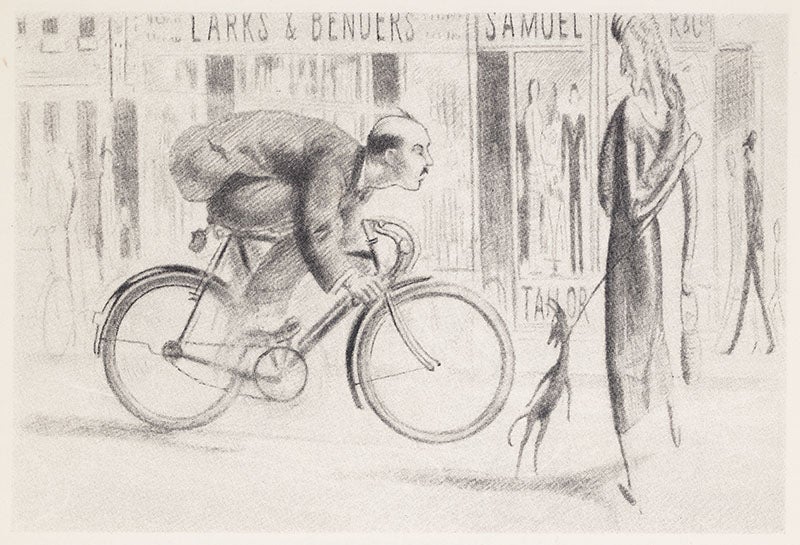 The surroundings viewed by a cyclist if the speed of light were small, drawing by Gamow, Mr. Tompkins in Wonderland, 1940 (author’s copy)