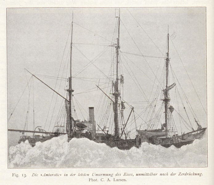 The ship Antarctic being crushed by the ice near Paulet Island, 1903, Otto Nordenskjöld, Wissenschaftliche Ergebnisse der Schwedischen Südpolar-Expedition, 1901-1903, vol. 1, 1920 (Linda Hall Library)