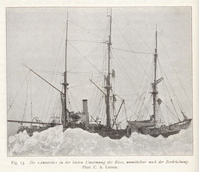 The ship Antarctic being crushed by the ice near Paulet Island, 1903, Otto Nordenskjöld, Wissenschaftliche Ergebnisse der Schwedischen Südpolar-Expedition, 1901-1903, vol. 1, 1920 (Linda Hall Library)