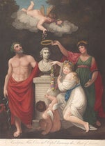 “Aesculapius, Flora, Ceres, and Cupid honouring the Bust of Linnaeus,” hand-colored engraving by Caldwall after painting by Russel and Opic, in New Illustration of the Sexual System of Carolus von Linnaeus, by John Thornton, 1807 (Linda Hall Library)